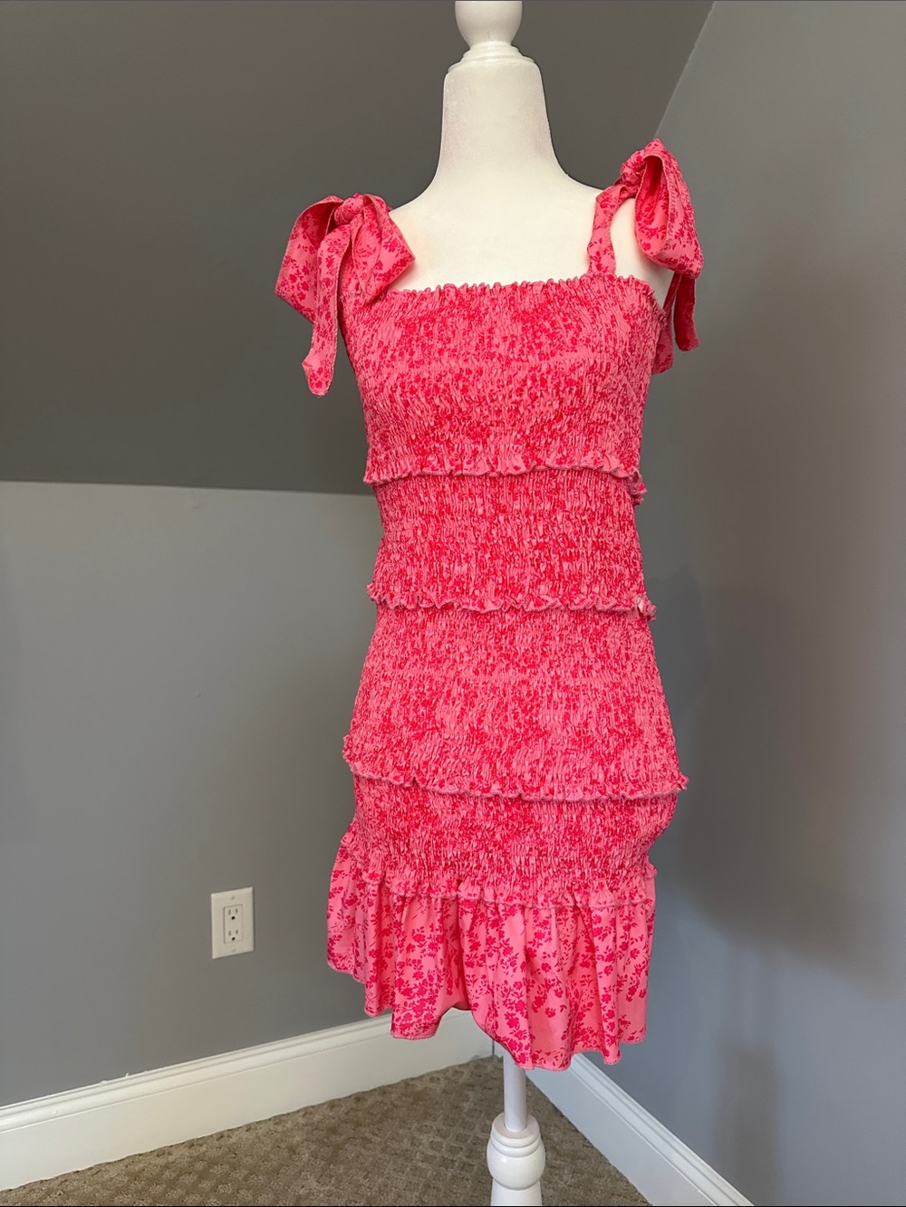 Pink Smocked Tiered Tie-Shoulder Mini Dress